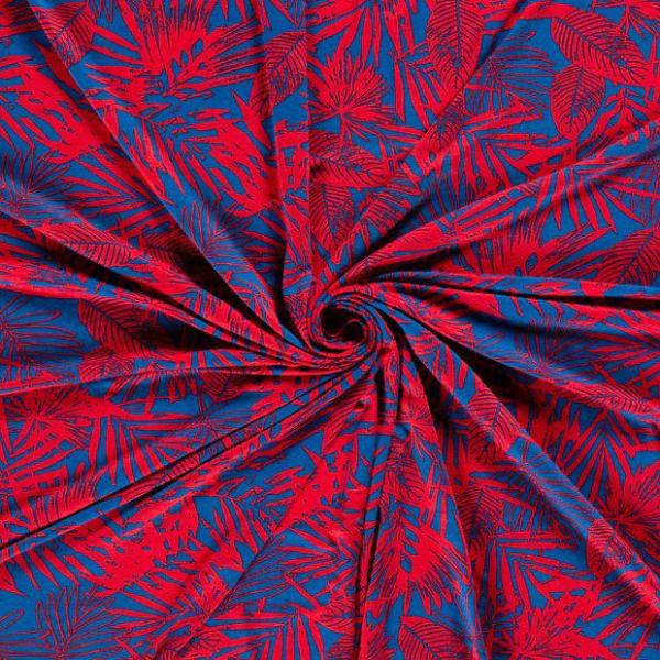 Viskosejersey Farnblätter Rot auf Royalblau